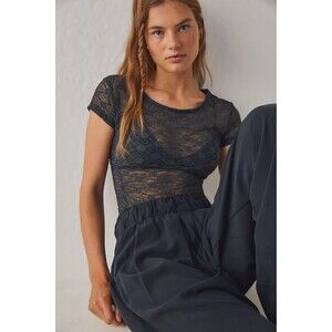 Free People Intimately Keep It Simple Lace Baby Tee Gray Floral Top Boho Y2K New